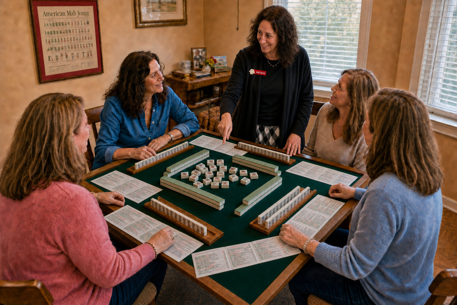 Holli Ehrlich playing Mah Jongg around the table with three students at a home game